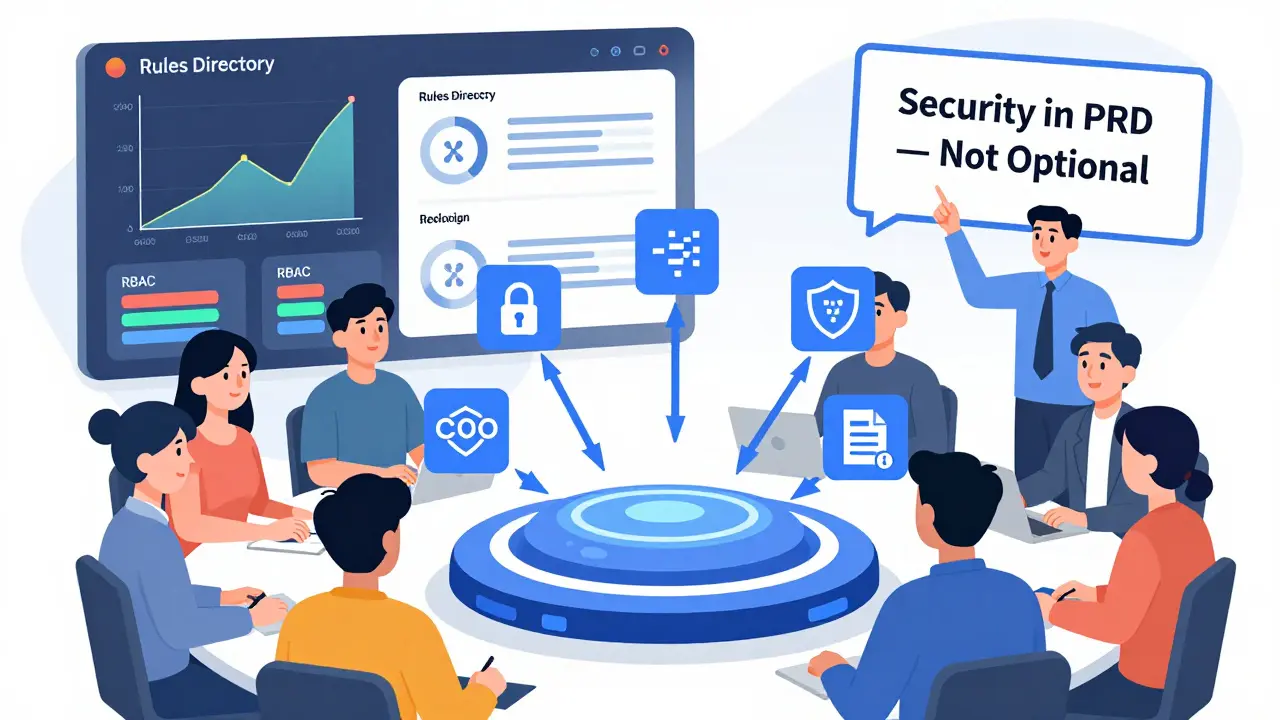 Team using a central AI hub with rules and security controls displayed as icons and dashboard elements.