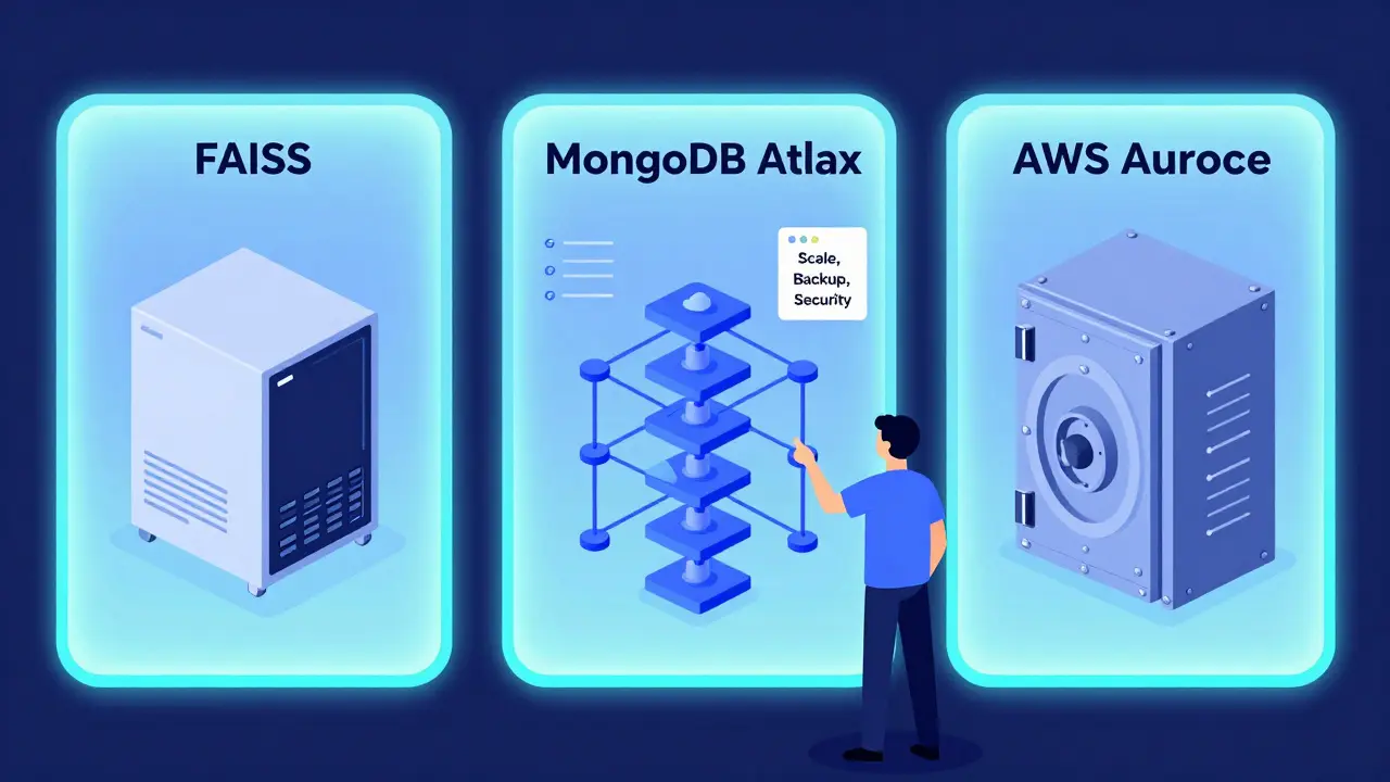 Three side-by-side storage systems: FAISS, MongoDB Atlas, and AWS Aurora, each with distinct visual traits.