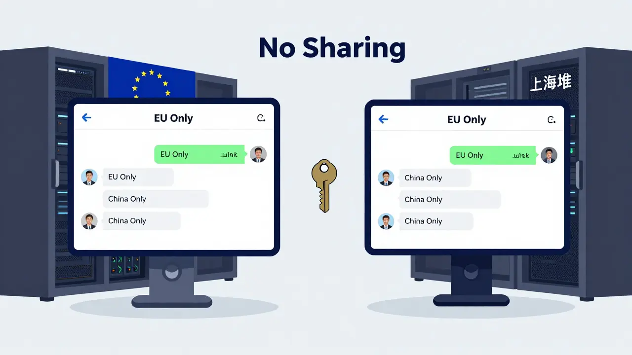 Two isolated AI systems in EU and China server rooms with locked data logs and no sharing.