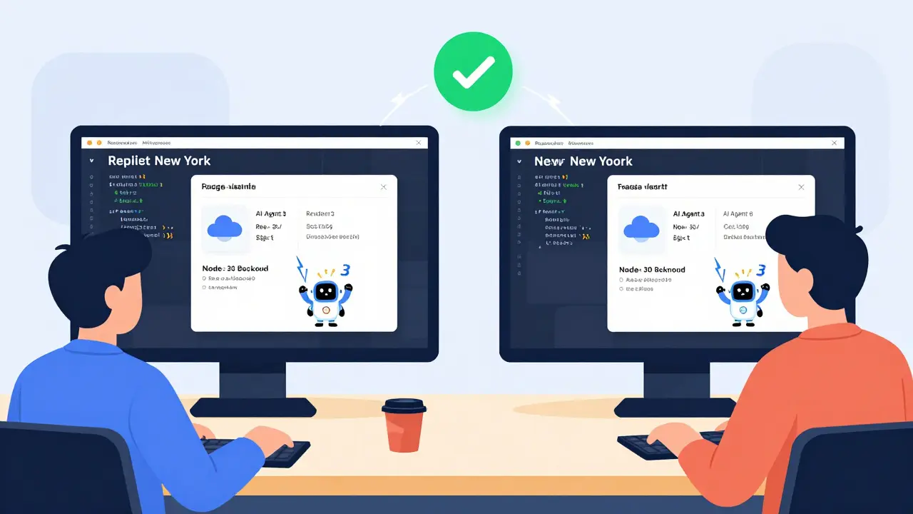 Two remote teams collaborating live on a Replit workspace as AI builds a weather app with frontend, backend, and database.