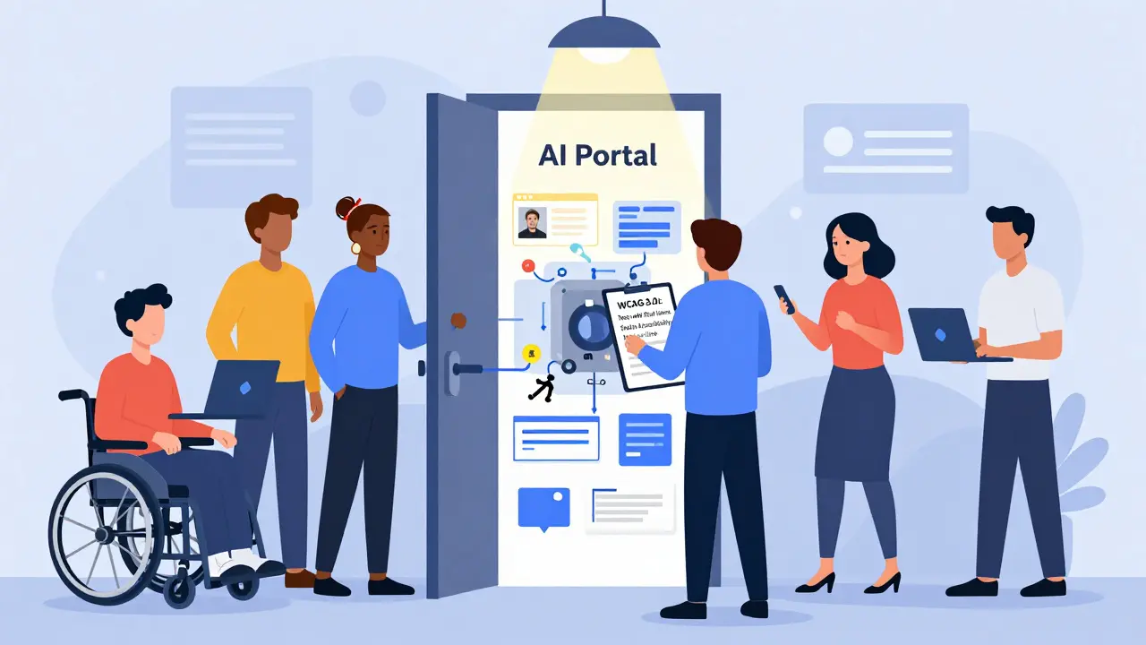 Users with disabilities blocked from an AI portal, while a developer follows accessibility guidelines to unlock access.