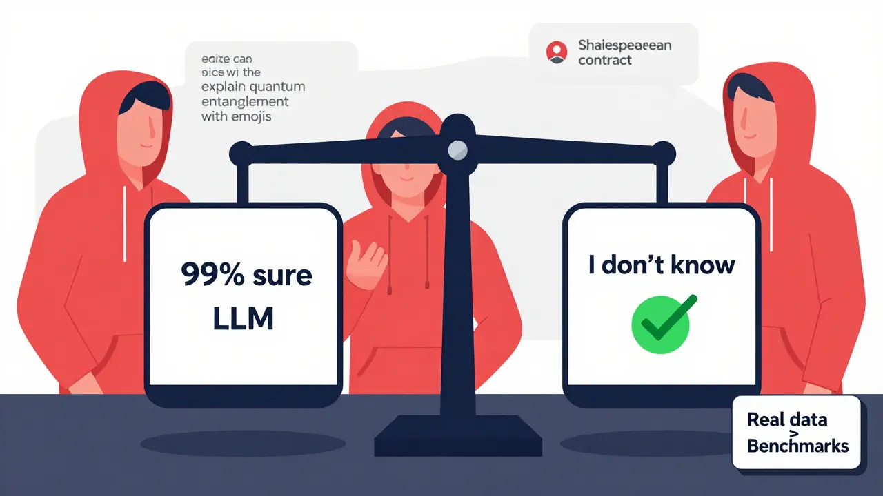 A calibration scale showing a confident wrong answer vs. a cautious 'I don't know', with red teamers testing edge cases.