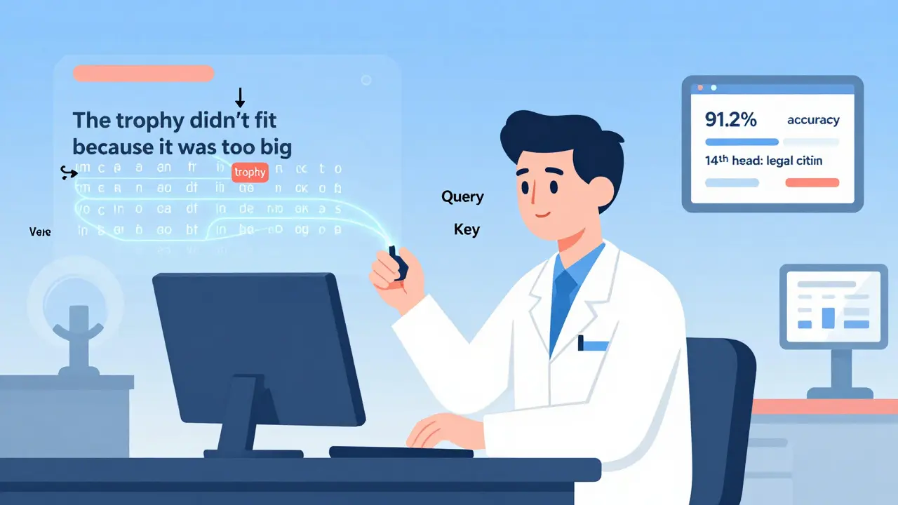 A cartoon engineer adjusting attention head parameters while a sentence's pronoun reference is highlighted in a control room.