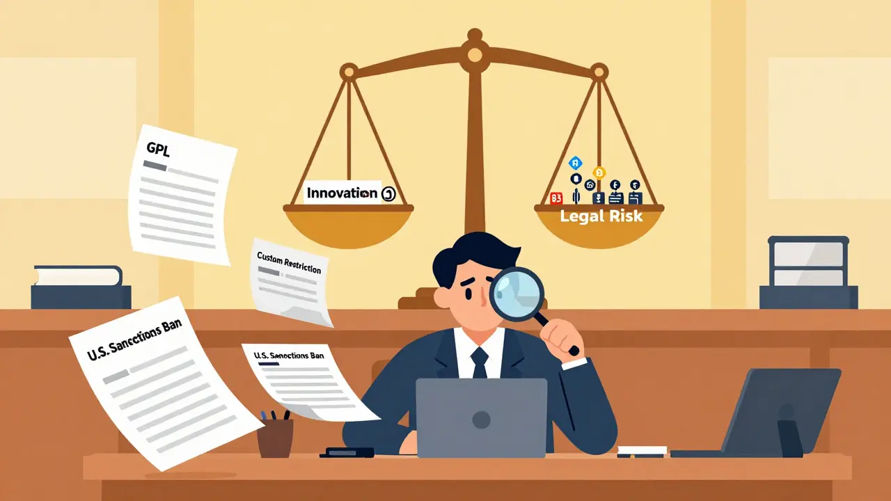 A chaotic courtroom with floating AI licenses, highlighting legal complexity.