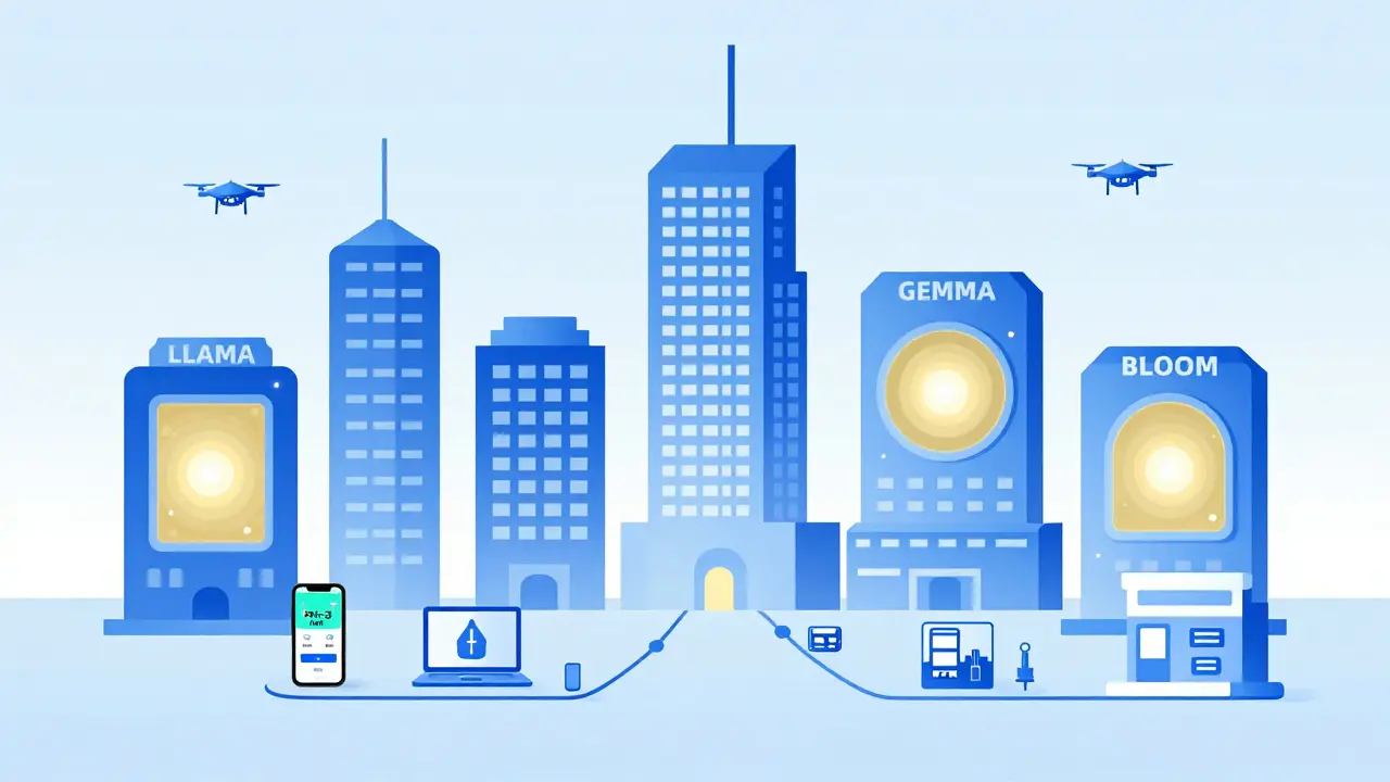 A city skyline of AI models, showing decentralized, accessible generative AI.