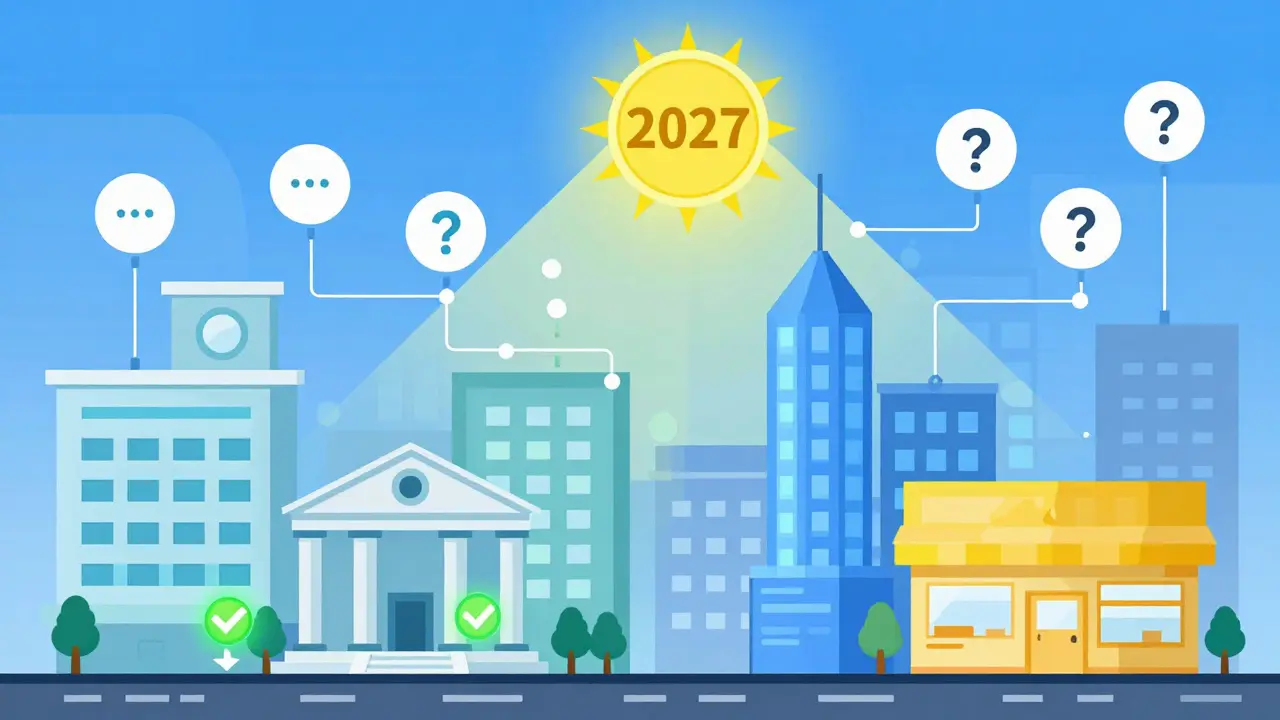 A cityscape contrasting high-adoption sectors like healthcare and finance with low-adoption retail, under automated routing systems.