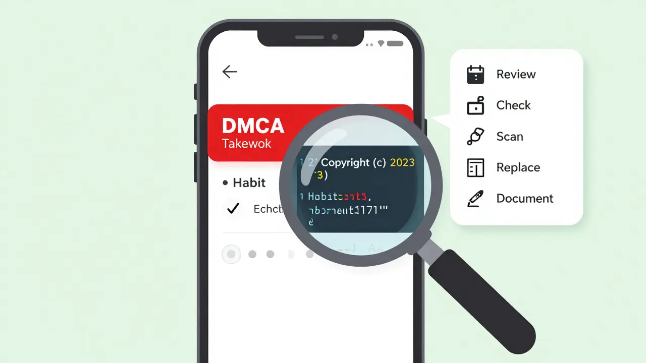 A habit tracker app with a DMCA notice overlay, while a magnifying glass reveals hidden copyright text in the code.