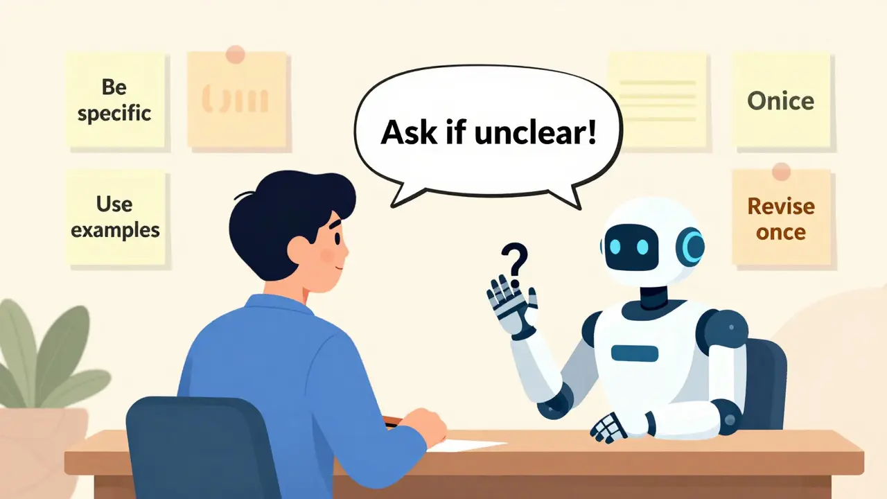 A person and AI robot in conversation, with the AI asking for clarification before responding
