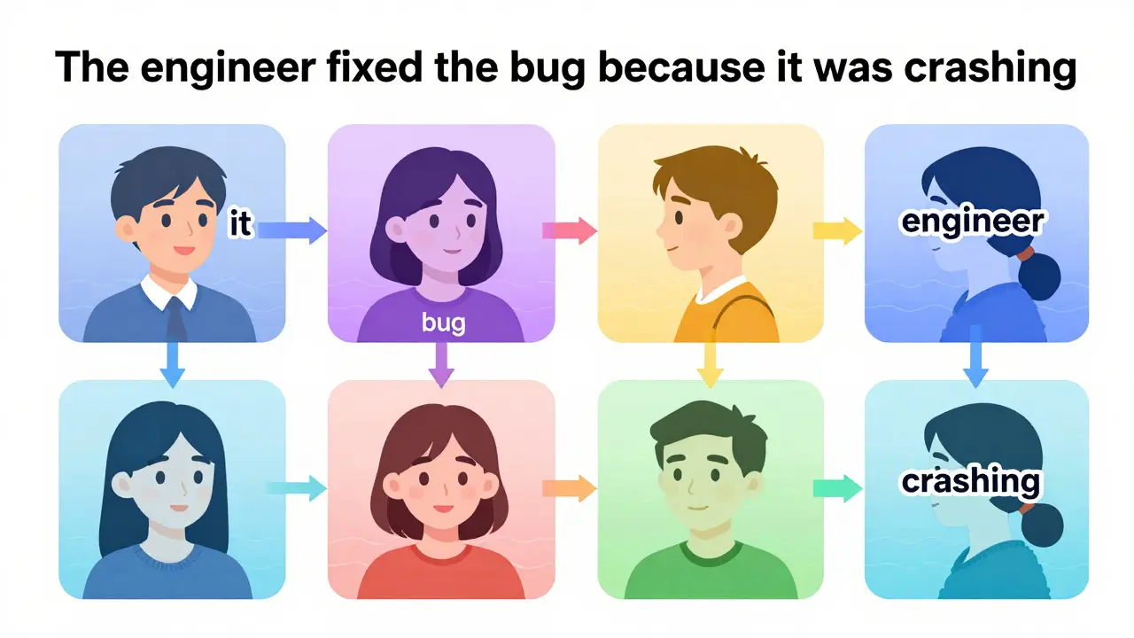 A sentence being analyzed by eight color-coded attention heads, with glowing connections between words like 'it', 'bug', and 'engineer'.