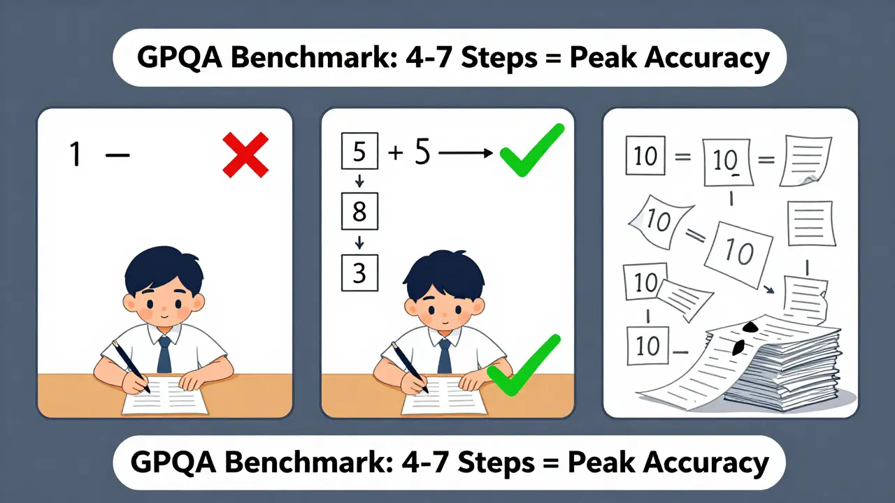 A student solving problems in three panels, showing how accuracy peaks at medium complexity and collapses with too many steps.