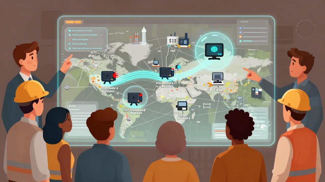 A team overseeing AI-driven firmware deployments across 500 edge devices, with one being safely isolated.