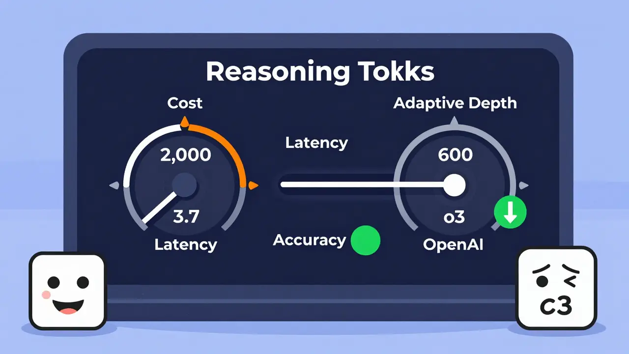 An AI dashboard with dials for cost, latency, and accuracy, showing adaptive token usage as more efficient than max usage.