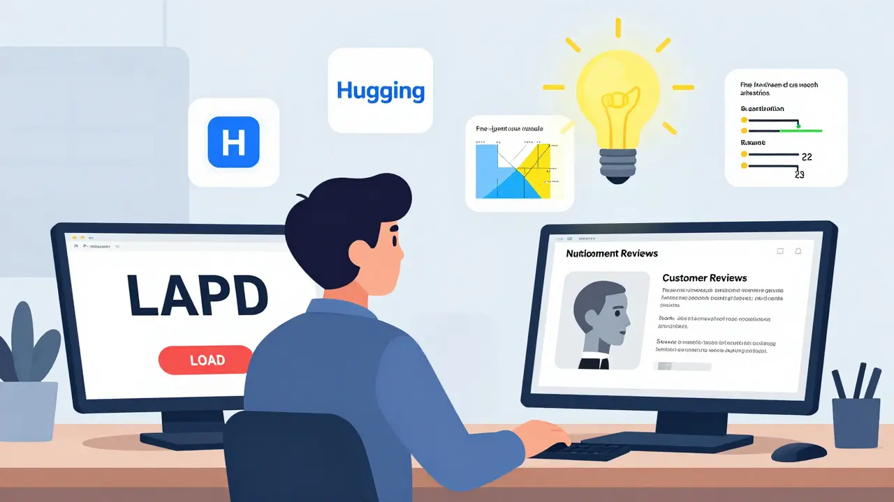 An engineer fine-tuning a pre-trained model, with a visual attention map highlighting key words in text.