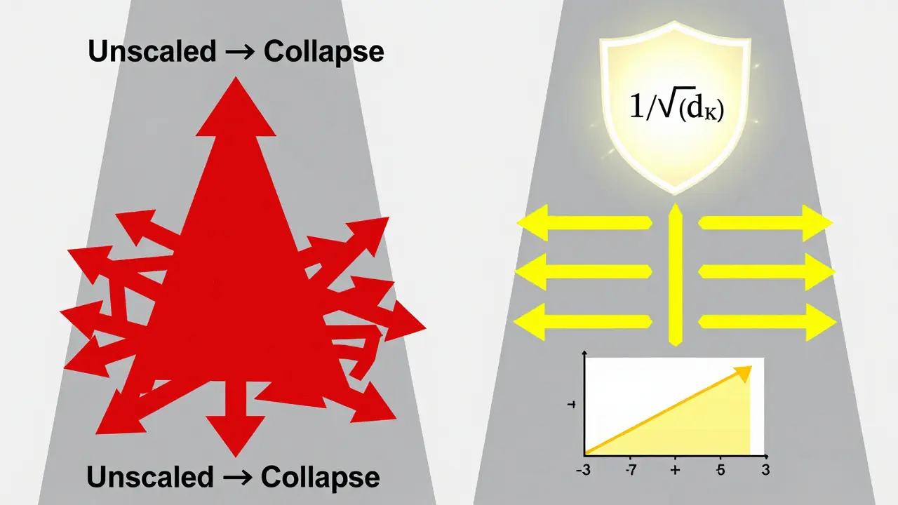 Chaotic red arrows versus balanced yellow ones, showing attention collapse versus stable scaling with a softmax graph.