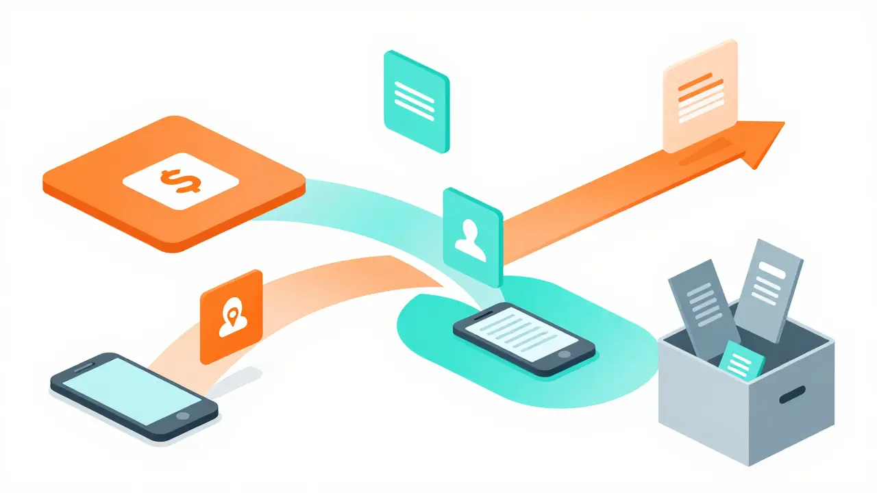 Content packets moving to platforms and into archive box.