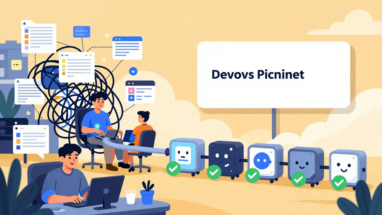 Contrast between chaotic traditional DevOps and a calm, automated pipeline driven by a simple AI prompt.