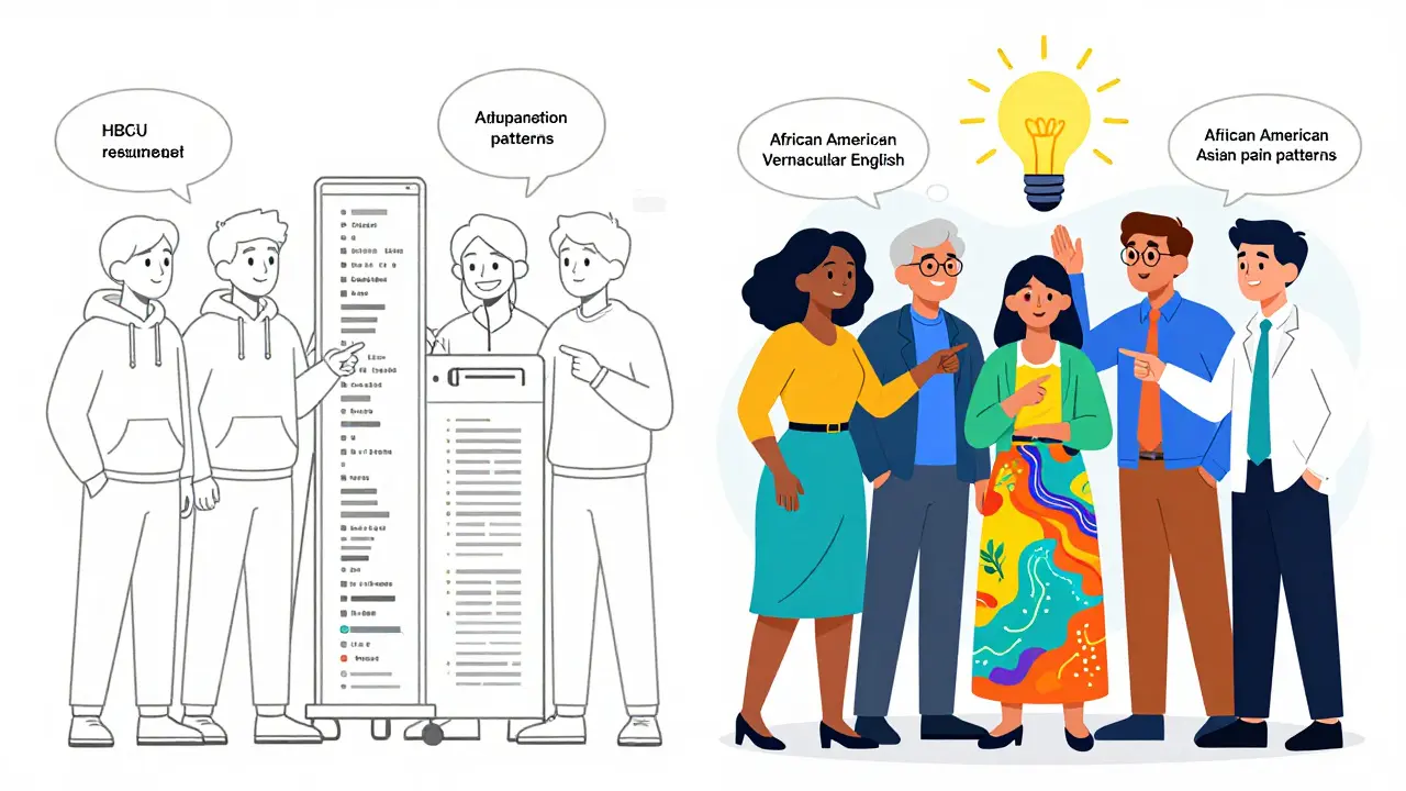 Contrasting homogenous and diverse AI development teams, one with narrow data, the other with inclusive inputs.