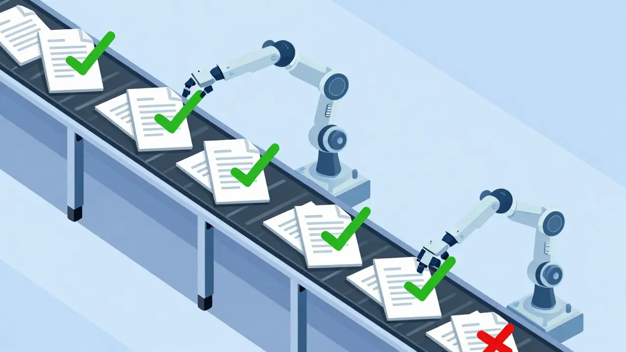 Conveyor belt system reviewing digital documents with checkmarks.