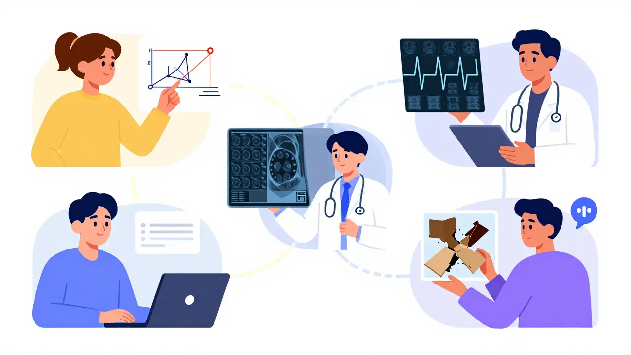 Diverse users interacting with multimodal AI through images, voice, and diagrams, connected by glowing data pathways.