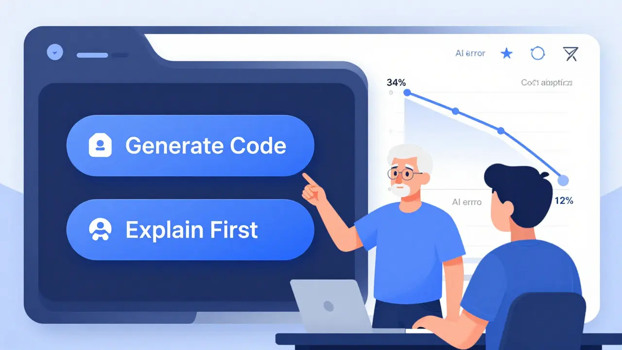 Engineer choosing 'Explain First' option in IDE as error rates decline on a timeline