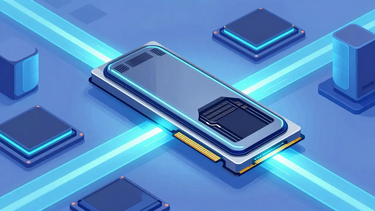 Glowing GPU cards connected by fast blue data pathways