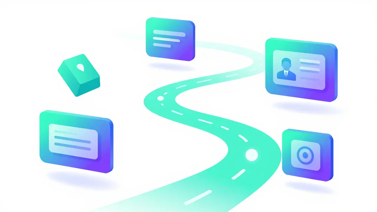 Glowing path connecting interface shapes with key icon.