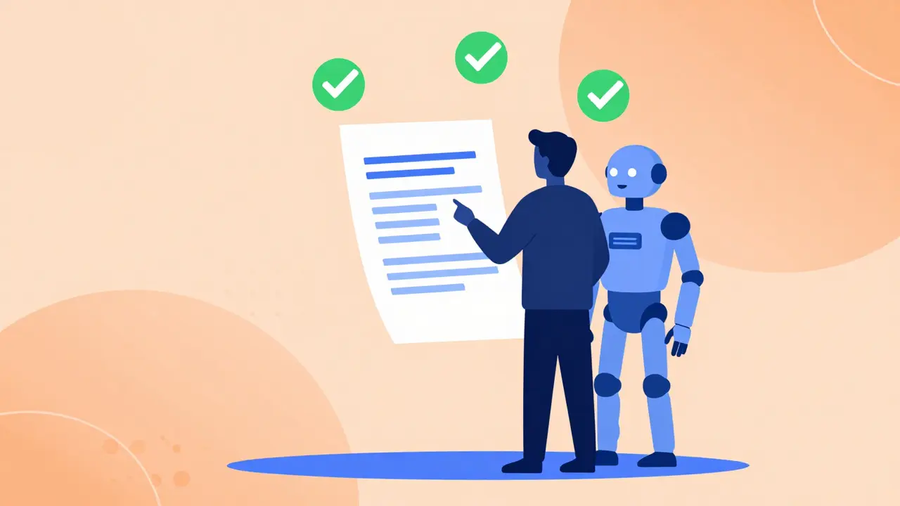 Human and robot reviewing document with floating checkmarks.