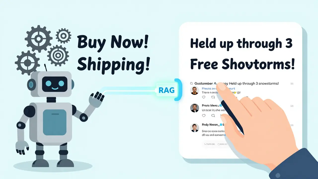 Human editing AI-generated ad copy, replacing generic text with real customer review quotes.
