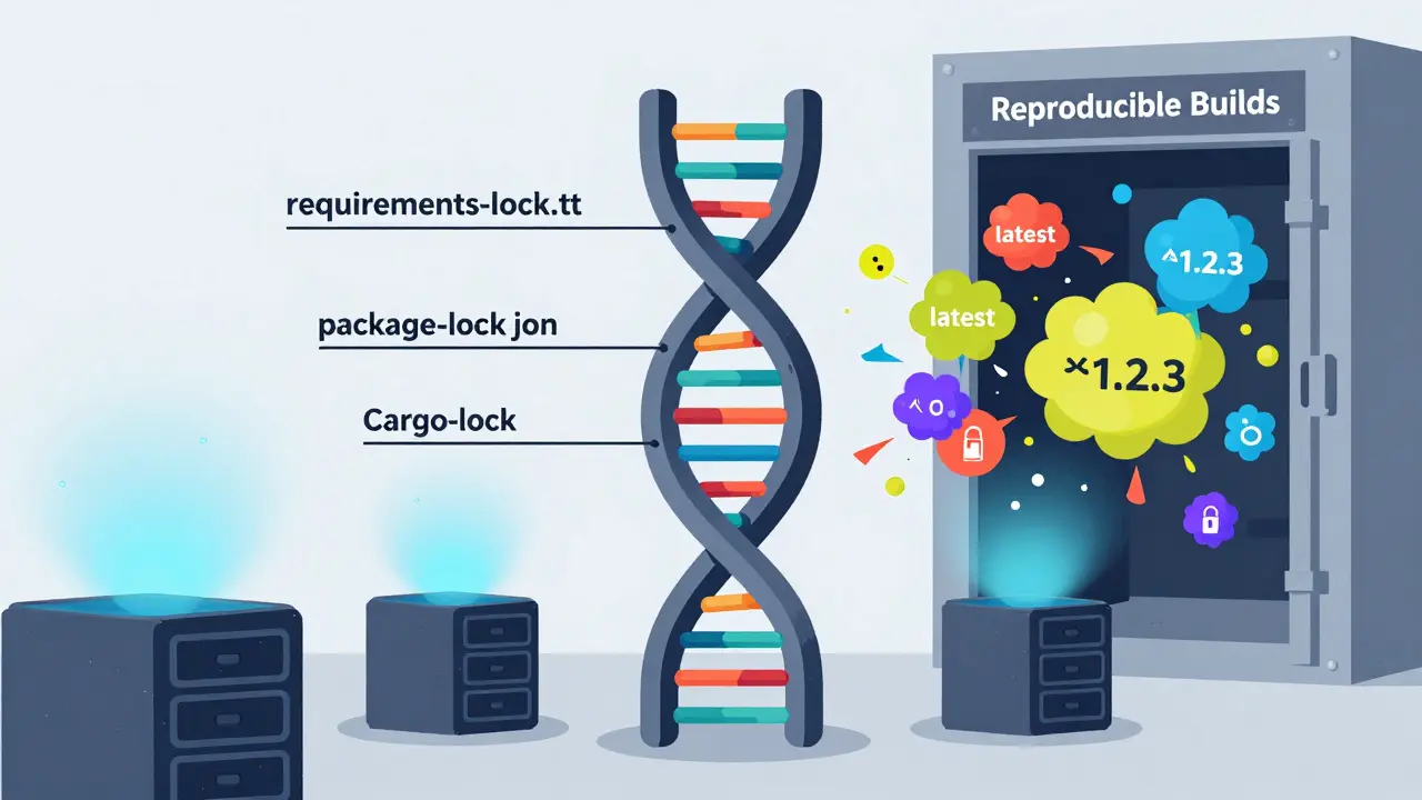 Lockfile shaped like DNA helix connecting servers, with chaotic dependency versions locked away in a vault.