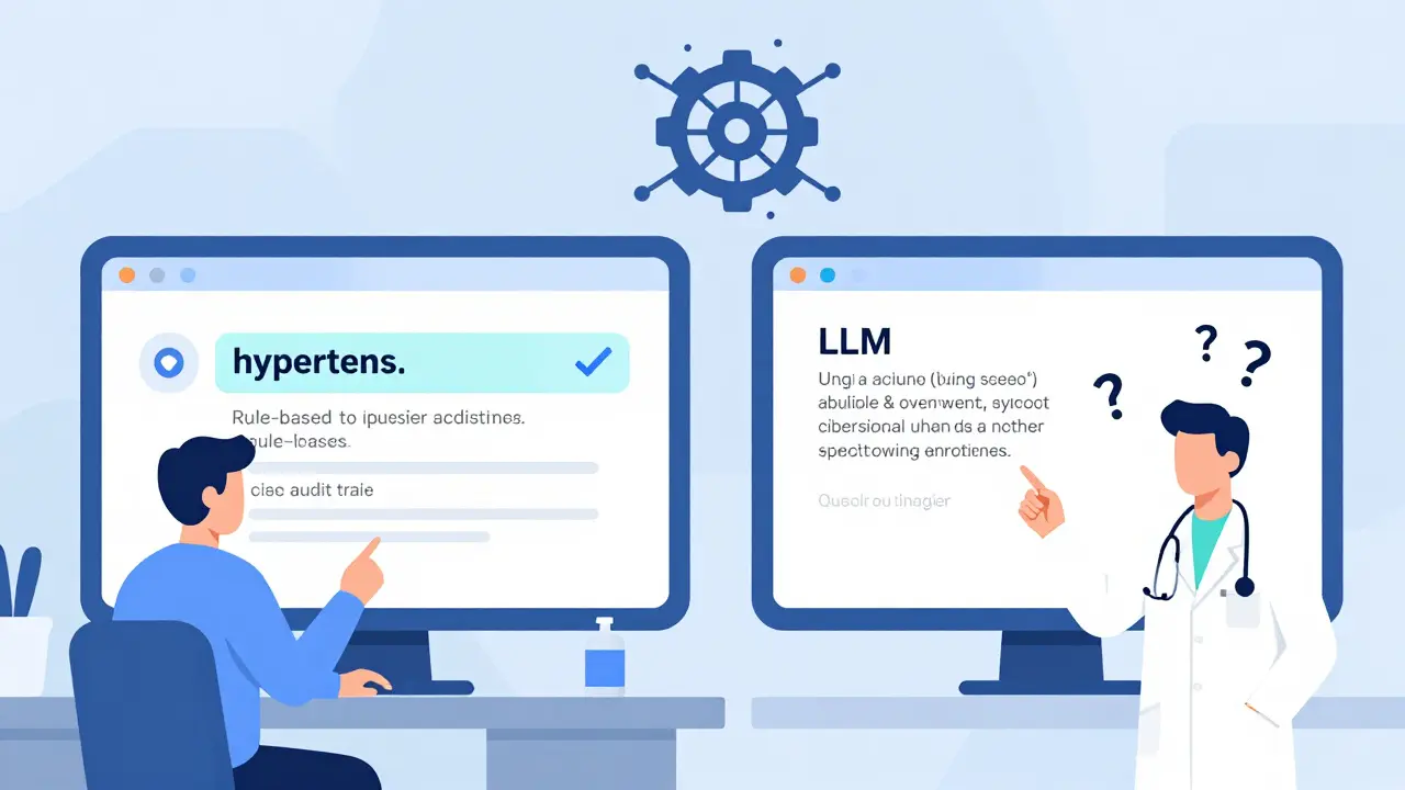 Medical environment showing rule-based and LLM systems side-by-side, with a hybrid icon representing their combined future.