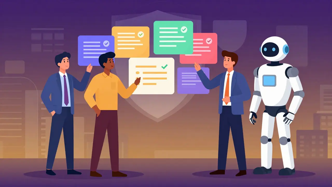 Person and robot checking floating content cards with shields.