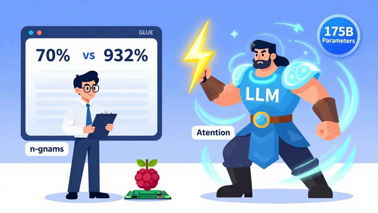 Personified characters of statistical NLP and neural NLP in a visual battle, with benchmark scores displayed.