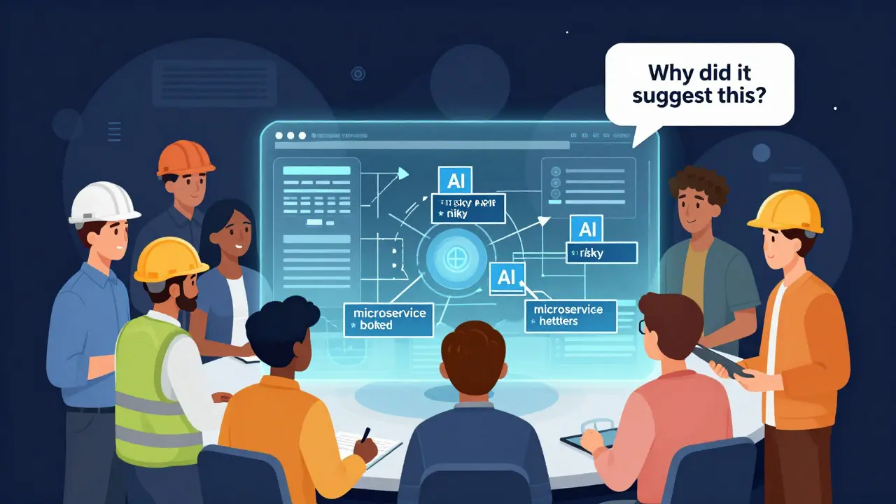 Team examining an AI-analyzed software architecture with warning flags on risky service connections.