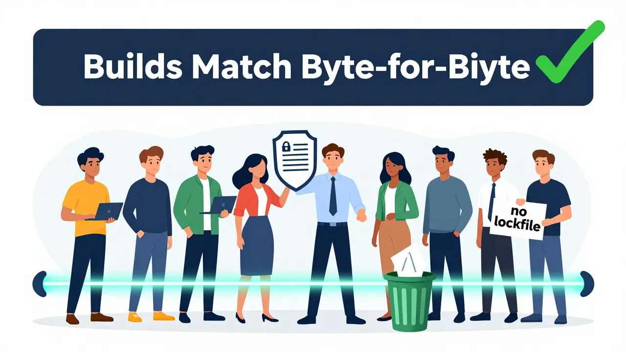 Team of developers standing beside a CI/CD pipeline, holding a lockfile as a shield while rejecting unstable builds.