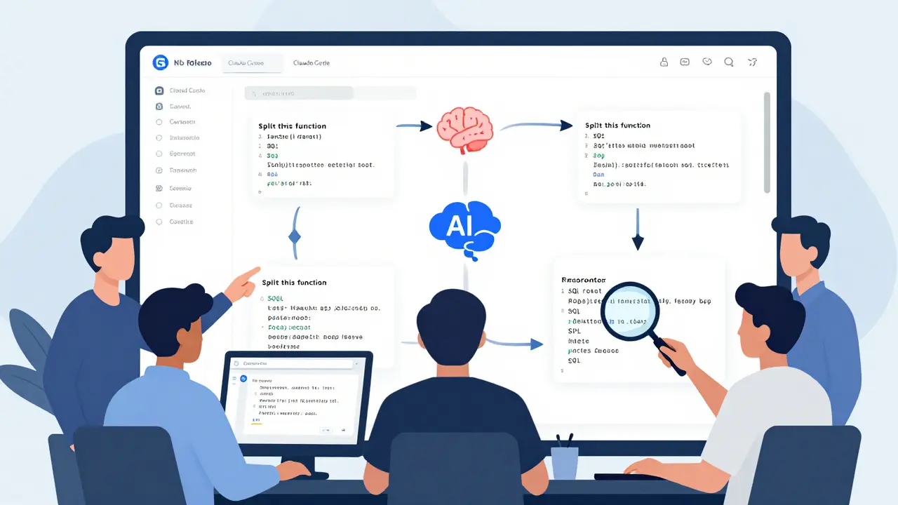 Team reviewing AI code suggestions on a dashboard with visual feedback loops and annotated code issues.