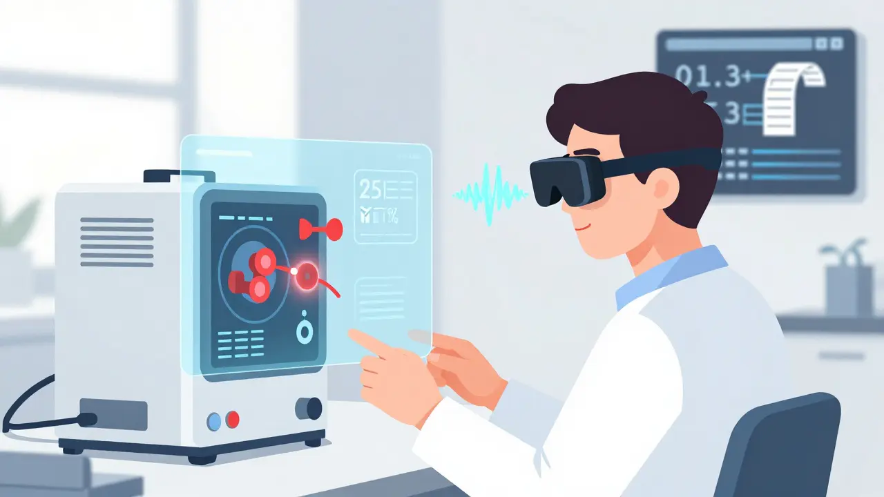 Technician using AR glasses to view real-time repair instructions and audio feedback over a machine with digital JSON output in background.