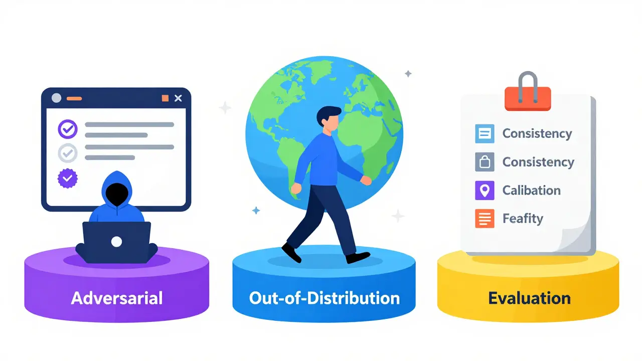 Three testing pillars—adversarial, out-of-distribution, and evaluation—being crossed by an LLM icon.