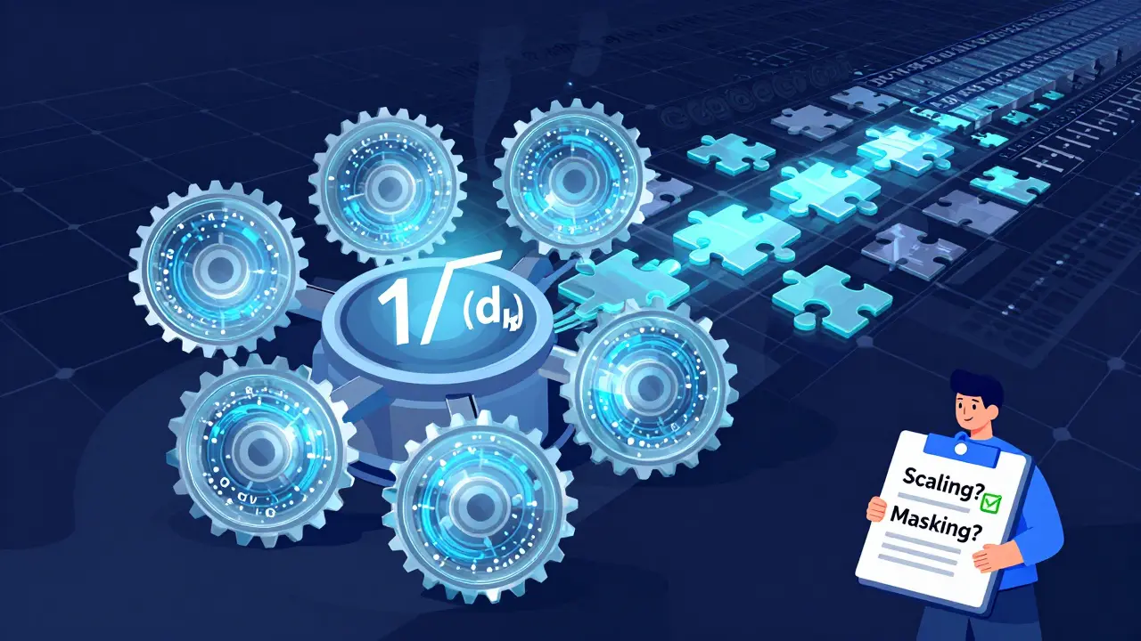 Transformer engine with eight rotating attention heads and a glowing scaling symbol, with FlashAttention tiles processing a long sequence.