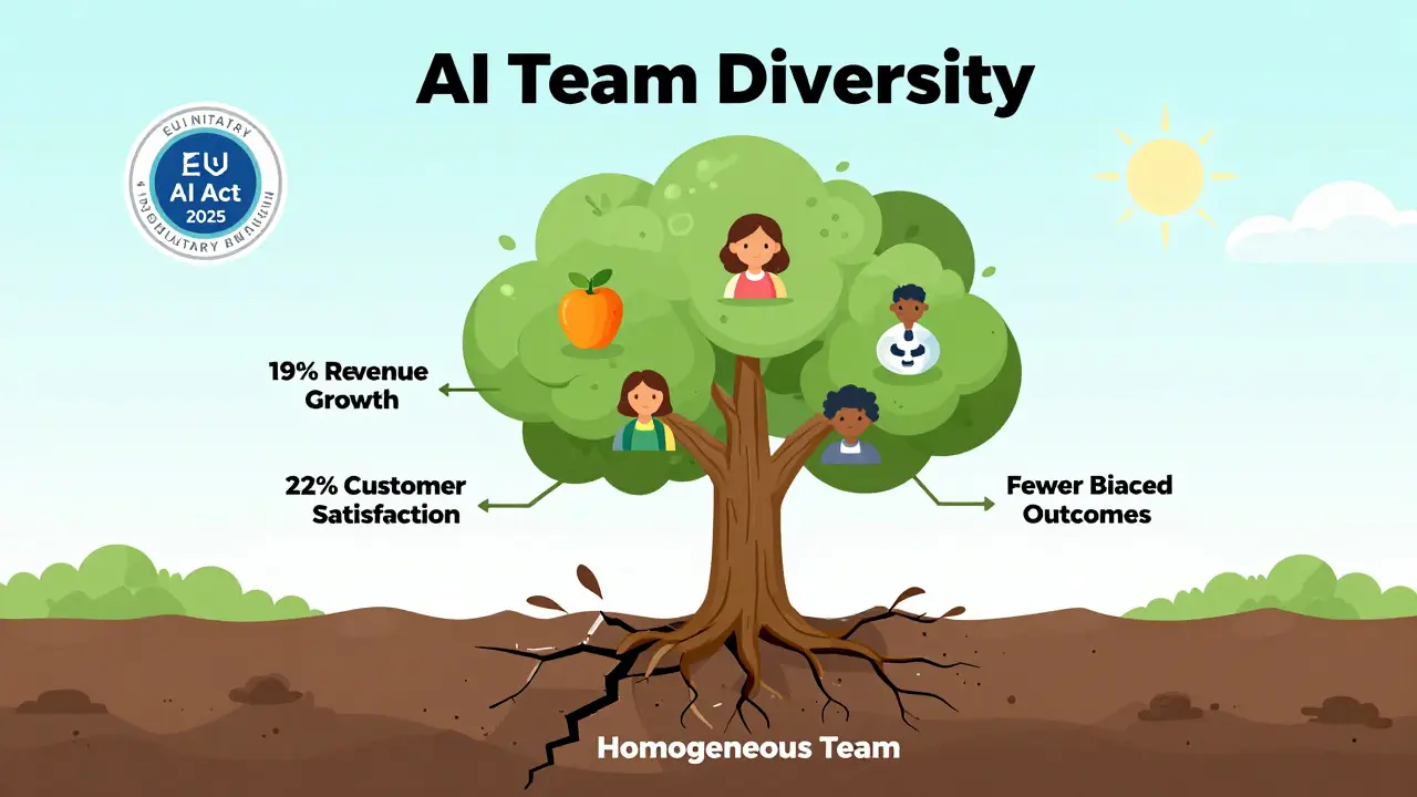 Tree of AI team diversity with fruits showing business benefits, while a crumbling foundation represents exclusion.