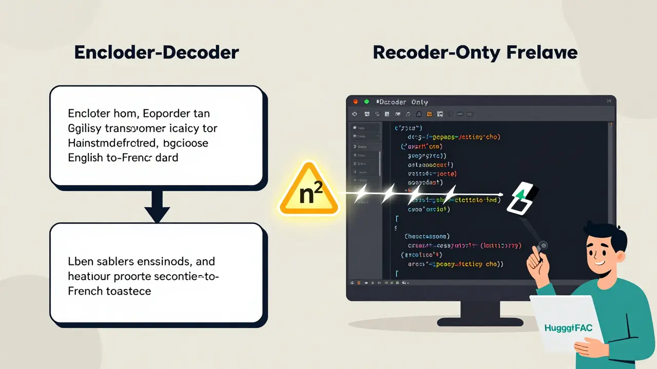 Two transformer architectures side by side: encoder-decoder for translation and decoder-only for code generation, with a memory optimization icon.