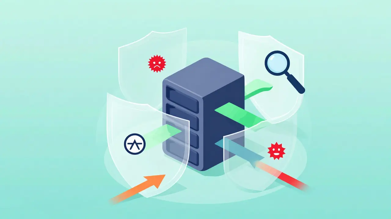 Vector art showing security shields filtering data streams into a server