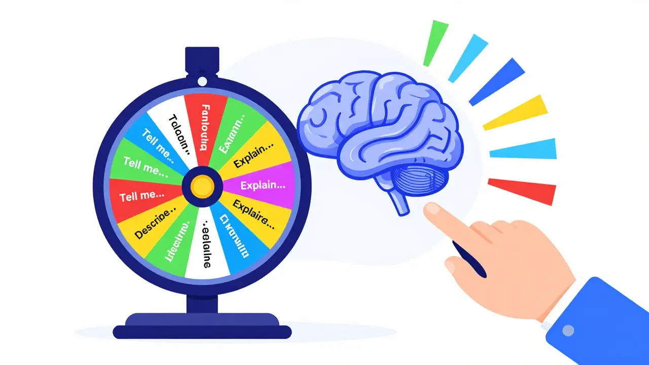 A conceptual lottery wheel with different prompt phrasings leading to inconsistent AI results.