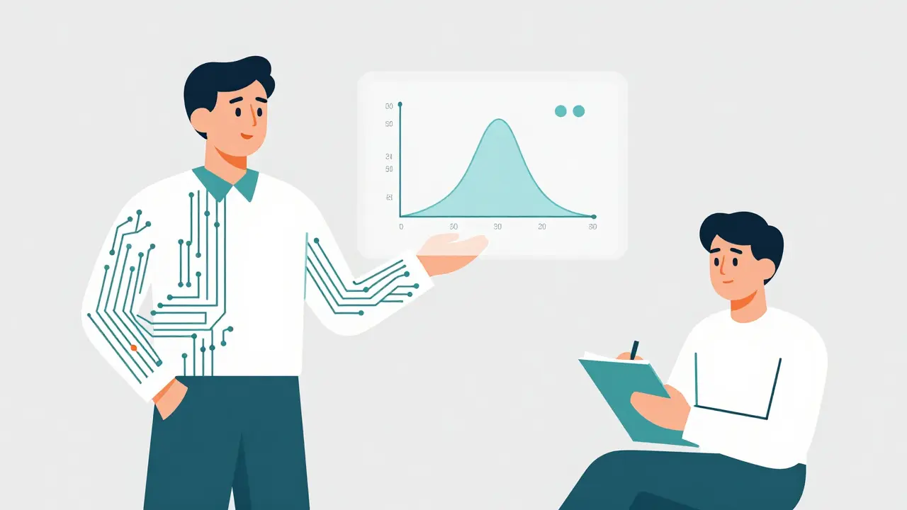 A large circuit-based teacher explaining probability distributions to a smaller circuit-based student.