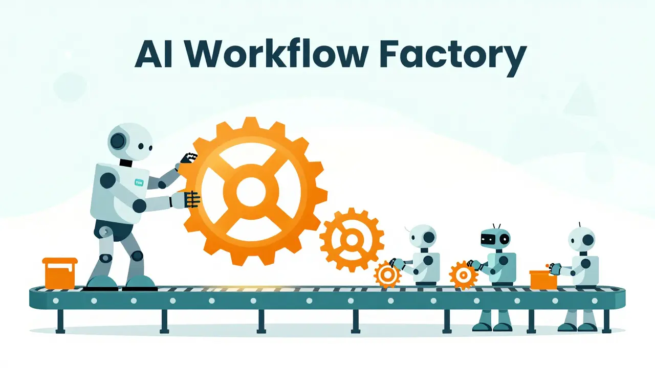 A planner robot dividing a large gear into smaller parts for worker robots on a conveyor belt.