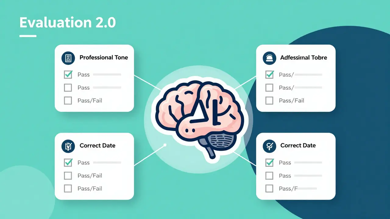 An AI brain surrounded by dynamic checklists with Pass and Fail markers.