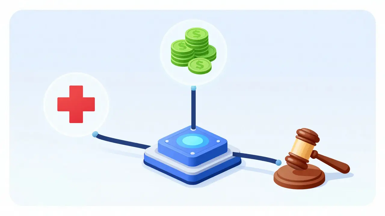Central processor linking to healthcare, finance, and legal symbols.