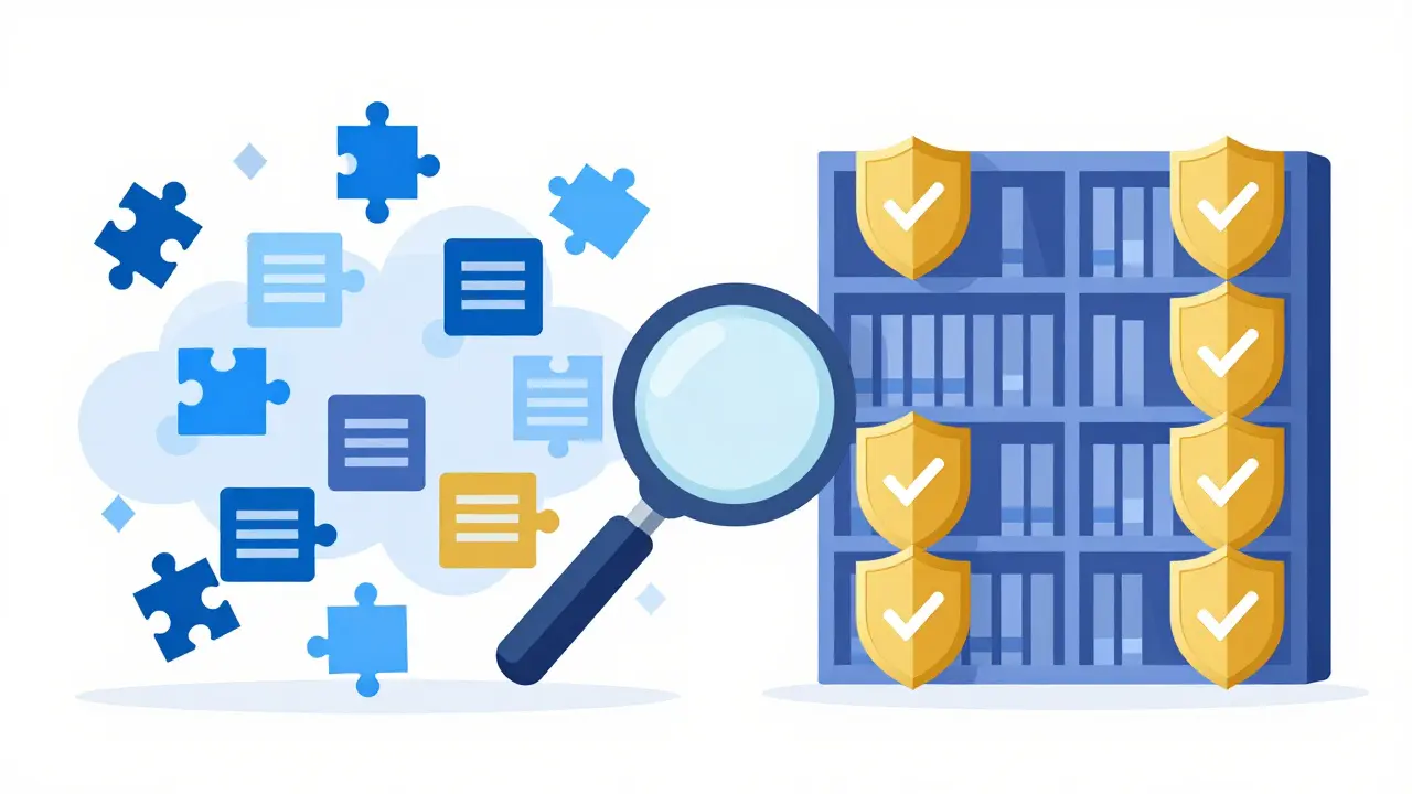 Comparison between a chaotic general AI data cloud and an organized legal AI library.