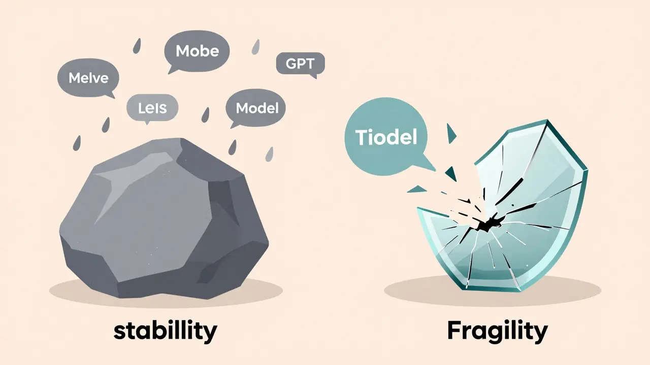 Comparison between a solid rock representing a stable AI model and a shattering glass sculpture representing a fragile one.