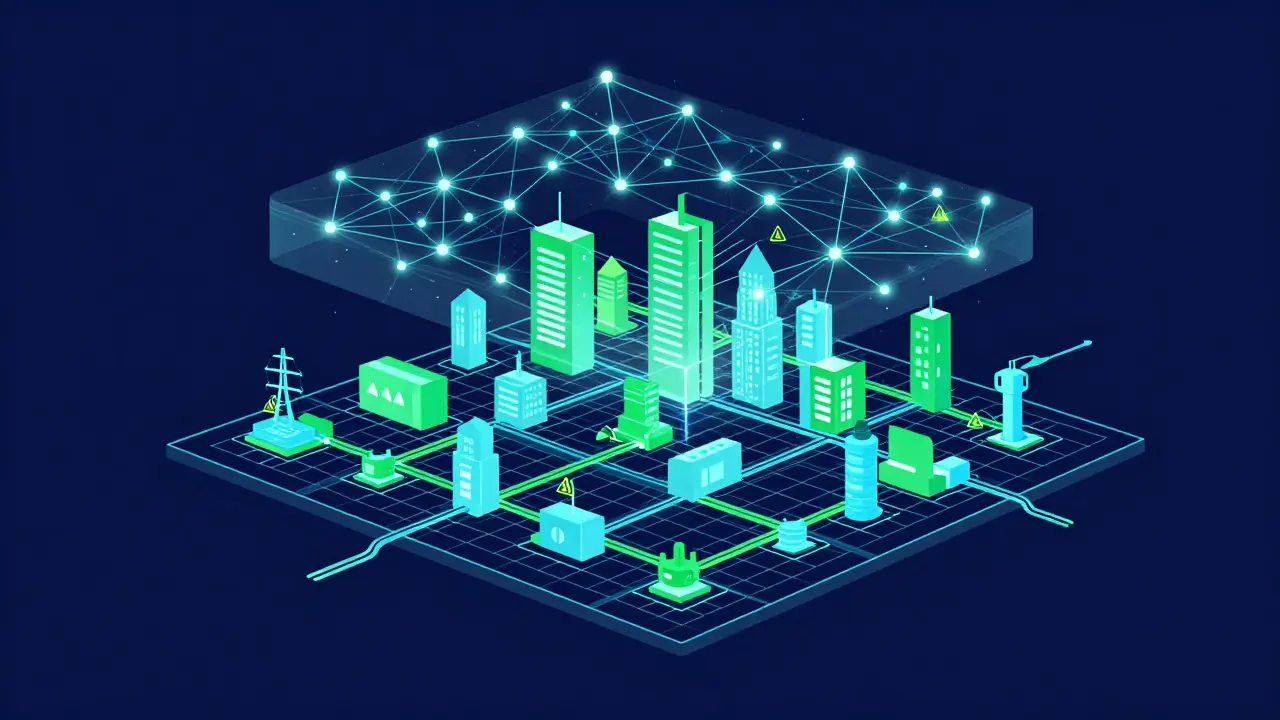 Conceptual view of a city grid with a glowing AI network predicting infrastructure failures.