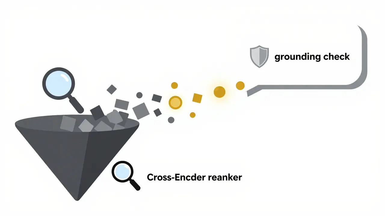 Data chunks passing through a reranking filter to produce a precise AI response.